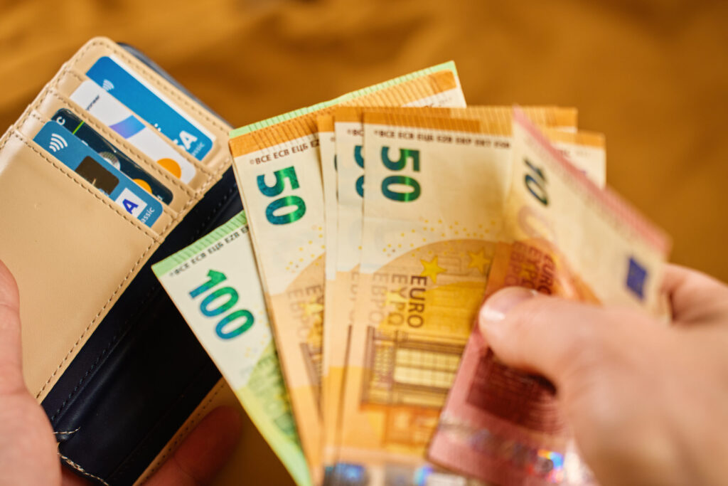 Wallet with euro banknotes and credit cards in hands. Person holding purse and taking out cash money. Concept of personal finance, cash payments and savings