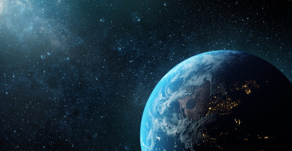 Panoramic view of the Earth, sun, star and galaxy. Sunrise over planet Earth, view from space. Elements of this image furnished by NASA